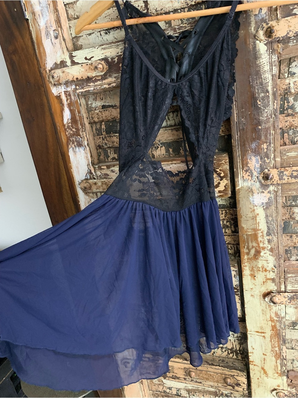 Sheer Lace Midnight Blue Black Lingerie Dress Skirted Teddy Cut Outs Unbranded M